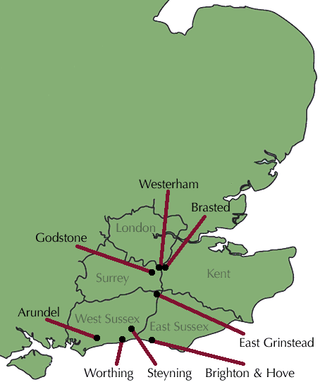 Map of Sussex showing a few David Lindsay-related towns