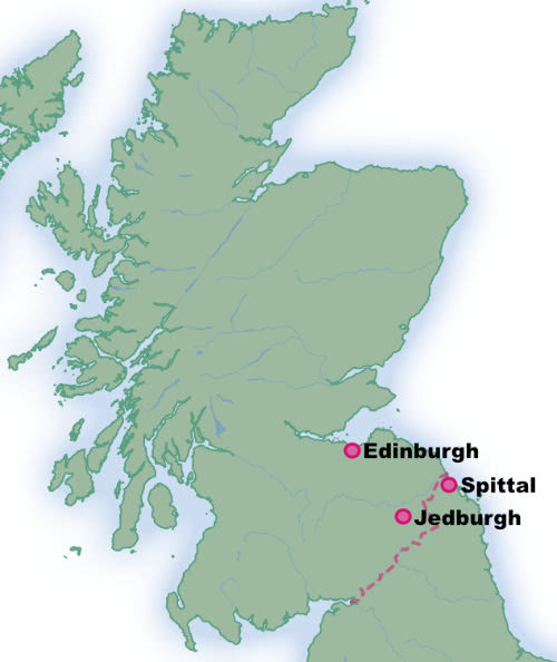 Map of Scotland and Northern England showing the relative poisitions of Edinburgh, Jedburgh and Spittal