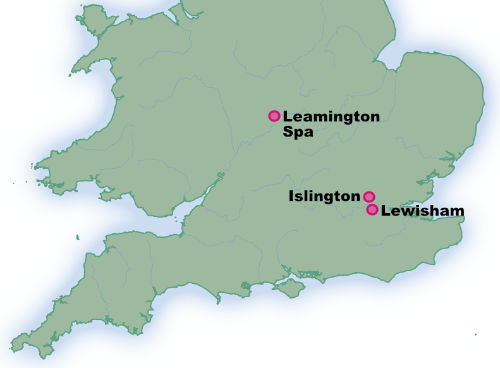 Map of England showing the relative places of Leamington and Lewisham